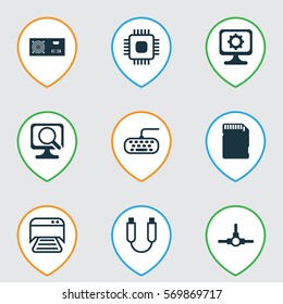 Set Of 9 Computer Hardware Icons. Includes Laptop, Printed Document, PC And Other Symbols. Beautiful Design Elements.