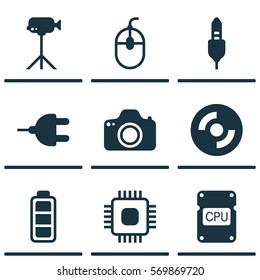 Set Of 9 Computer Hardware Icons. Includes Accumulator Sign, Blank Cd, Cpu And Other Symbols. Beautiful Design Elements.