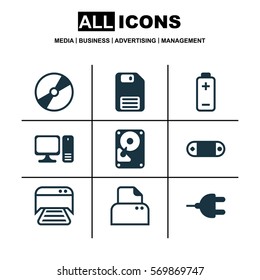 Set Of 9 Computer Hardware Icons. Includes File Scanner, Connector, Cd-Rom And Other Symbols. Beautiful Design Elements.