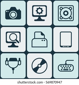 Set Of 9 Computer Hardware Icons. Includes Laptop, Music, File Scanner And Other Symbols. Beautiful Design Elements.