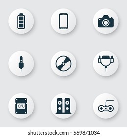 Set Of 9 Computer Hardware Icons. Includes Camera, Cd-Rom, Smartphone And Other Symbols. Beautiful Design Elements.
