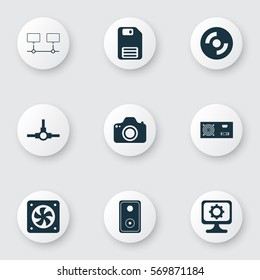 Set Of 9 Computer Hardware Icons. Includes Computer Ventilation, Power Generator, PC And Other Symbols. Beautiful Design Elements.