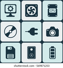 Set Of 9 Computer Hardware Icons. Includes Cd-Rom, Cpu, Accumulator Sign And Other Symbols. Beautiful Design Elements.