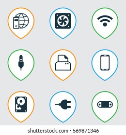 Set Of 9 Computer Hardware Icons. Includes Aux Cord, Internet Network, Radio Set And Other Symbols. Beautiful Design Elements.