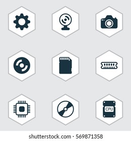 Set Of 9 Computer Hardware Icons. Includes Settings, Camera, Cpu And Other Symbols. Beautiful Design Elements.