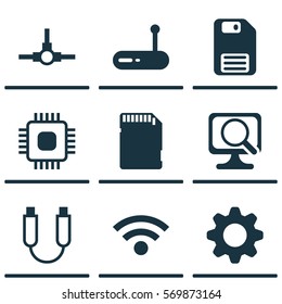 Set Of 9 Computer Hardware Icons. Includes Portable Memory, Network Structure, Memory Card And Other Symbols. Beautiful Design Elements.