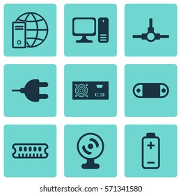 Set Of 9 Computer Hardware Icons. Includes Desktop Computer, Connector, Internet Network And Other Symbols. Beautiful Design Elements.