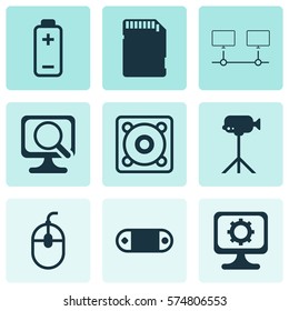 Set Of 9 Computer Hardware Icons. Includes Laptop, Connected Devices, Memory Card And Other Symbols. Beautiful Design Elements.