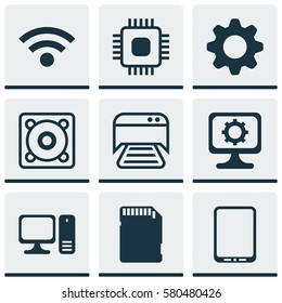 Set Of 9 Computer Hardware Icons. Includes Chip, Printed Document, Cellphone And Other Symbols. Beautiful Design Elements.