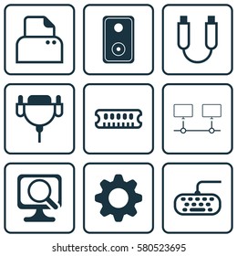 Set Of 9 Computer Hardware Icons. Includes Vga Cord, Settings, Dynamic Memory And Other Symbols. Beautiful Design Elements.