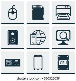 Set Of 9 Computer Hardware Icons. Includes Cpu, Smartphone, Laptop And Other Symbols. Beautiful Design Elements.