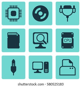 Set Of 9 Computer Hardware Icons. Includes File Scanner, Aux Cord, Cpu And Other Symbols. Beautiful Design Elements.