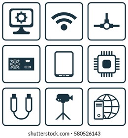 Set Of 9 Computer Hardware Icons. Includes Portable Memory, Internet Network, Cellphone And Other Symbols. Beautiful Design Elements.