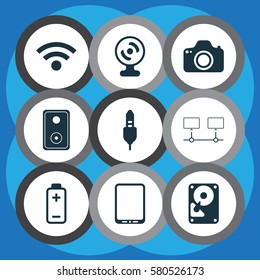 Set Of 9 Computer Hardware Icons. Includes Hdd, Battery, Cellphone And Other Symbols. Beautiful Design Elements.