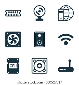 Set Of 9 Computer Hardware Icons. Includes Internet Network, Cpu, Computer Ventilation And Other Symbols. Beautiful Design Elements.