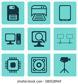Set Of 9 Computer Hardware Icons. Includes Printed Document, Chip, Music And Other Symbols. Beautiful Design Elements.