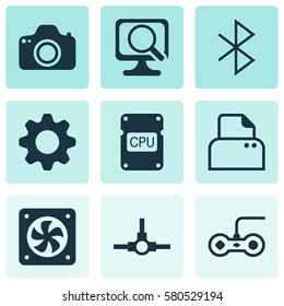Set Of 9 Computer Hardware Icons. Includes Computer Ventilation, Settings, Laptop And Other Symbols. Beautiful Design Elements.