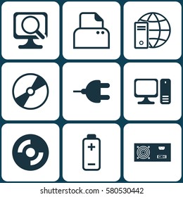 Set Of 9 Computer Hardware Icons. Includes Connector, Battery, File Scanner And Other Symbols. Beautiful Design Elements.