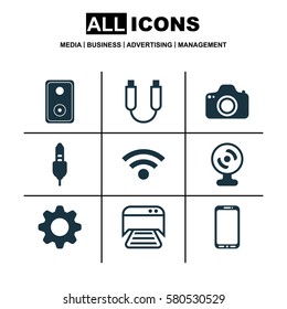 Set Of 9 Computer Hardware Icons. Includes Wireless, Settings, Camera And Other Symbols. Beautiful Design Elements.