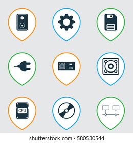 Set Of 9 Computer Hardware Icons. Includes Audio Device, Settings, Connected Devices And Other Symbols. Beautiful Design Elements.