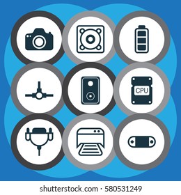 Set Of 9 Computer Hardware Icons. Includes Cpu, Vga Cord, Radio Set And Other Symbols. Beautiful Design Elements.