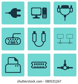 Set Of 9 Computer Hardware Icons. Includes File Scanner, Network Structure, Dynamic Memory And Other Symbols. Beautiful Design Elements.