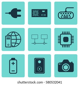 Set Of 9 Computer Hardware Icons. Includes Battery, Connected Devices, Internet Network And Other Symbols. Beautiful Design Elements.