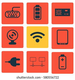 Set Of 9 Computer Hardware Icons. Includes Connector, Battery, Accumulator Sign And Other Symbols. Beautiful Design Elements.