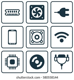 Set Of 9 Computer Hardware Icons. Includes Music, Chip, Vga Cord And Other Symbols. Beautiful Design Elements.