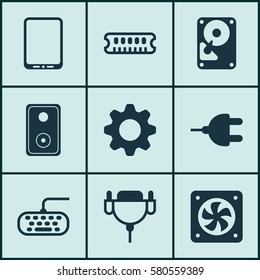 Set Of 9 Computer Hardware Icons. Includes Computer Ventilation, Audio Device, Dynamic Memory And Other Symbols. Beautiful Design Elements.