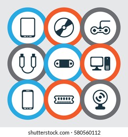 Set Of 9 Computer Hardware Icons. Includes Desktop Computer, Cd-Rom, Web Camera And Other Symbols. Beautiful Design Elements.