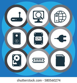 Set Of 9 Computer Hardware Icons. Includes Laptop, Dynamic Memory, Cpu And Other Symbols. Beautiful Design Elements.