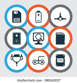 Set Of 9 Computer Hardware Icons. Includes Network Structure, Vga Cord, Laptop And Other Symbols. Beautiful Design Elements.