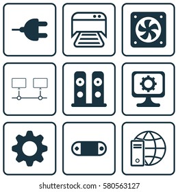 Set Of 9 Computer Hardware Icons. Includes Connected Devices, Connector, Internet Network And Other Symbols. Beautiful Design Elements.