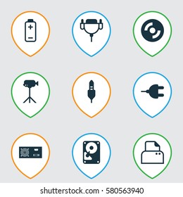 Set Of 9 Computer Hardware Icons. Includes Vga Cord, Power Generator, Camcorder And Other Symbols. Beautiful Design Elements.