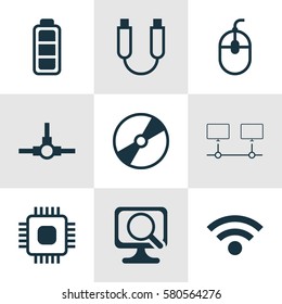 Set Of 9 Computer Hardware Icons. Includes Chip, Control Device, Connected Devices And Other Symbols. Beautiful Design Elements.