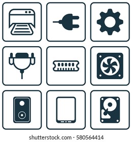 Set Of 9 Computer Hardware Icons. Includes Printed Document, Computer Ventilation, Settings And Other Symbols. Beautiful Design Elements.