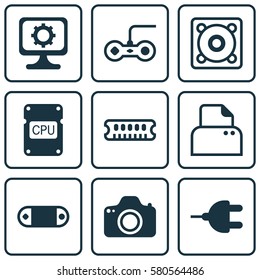 Set Of 9 Computer Hardware Icons. Includes File Scanner, Camera, Music And Other Symbols. Beautiful Design Elements.