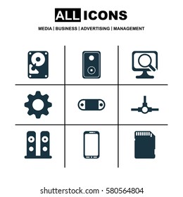 Set Of 9 Computer Hardware Icons. Includes Laptop, Network Structure, Audio Device And Other Symbols. Beautiful Design Elements.