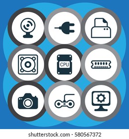 Set Of 9 Computer Hardware Icons. Includes Connector, PC, Camera And Other Symbols. Beautiful Design Elements.