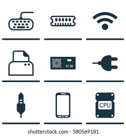 Set Of 9 Computer Hardware Icons. Includes Computer Keypad, Wireless, Aux Cord And Other Symbols. Beautiful Design Elements.