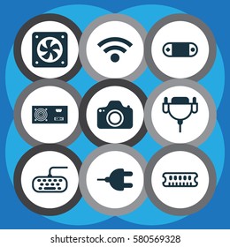Set Of 9 Computer Hardware Icons. Includes Vga Cord, Computer Ventilation, Connector And Other Symbols. Beautiful Design Elements.