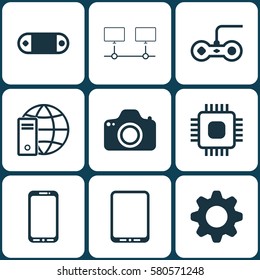 Set Of 9 Computer Hardware Icons. Includes Radio Set, Internet Network, Cellphone And Other Symbols. Beautiful Design Elements.