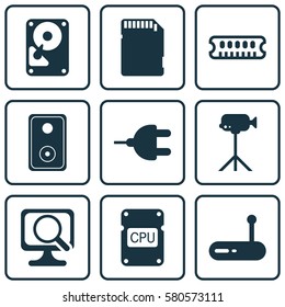 Set Of 9 Computer Hardware Icons. Includes Audio Device, Laptop, Dynamic Memory And Other Symbols. Beautiful Design Elements.
