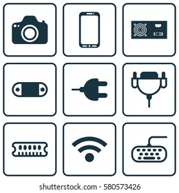 Set Of 9 Computer Hardware Icons. Includes Dynamic Memory, Smartphone, Connector And Other Symbols. Beautiful Design Elements.