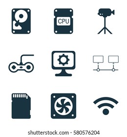 Set Of 9 Computer Hardware Icons. Includes Hdd, Joystick, Connected Devices And Other Symbols. Beautiful Design Elements.