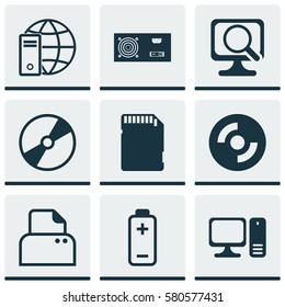 Set Of 9 Computer Hardware Icons. Includes Cd-Rom, Internet Network, Desktop Computer And Other Symbols. Beautiful Design Elements.