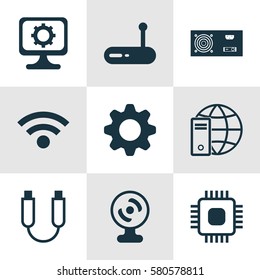 Set Of 9 Computer Hardware Icons. Includes Wireless, Web Camera, Power Generator And Other Symbols. Beautiful Design Elements.