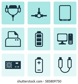 Set Of 9 Computer Hardware Icons. Includes Vga Cord, Desktop Computer, Battery And Other Symbols. Beautiful Design Elements.