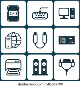 Set Of 9 Computer Hardware Icons. Includes Vga Cord, Printed Document, Internet Network And Other Symbols. Beautiful Design Elements.